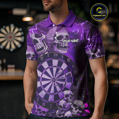 Purple Funny Skull Lightning Darts Shirt For Men Custom Darts Team Jersey Polo & Quarter Zip TDM4979