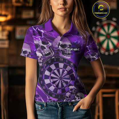 Purple Funny Skull Lightning Darts Shirt For Women Custom Darts Team Jersey Polo & Quarter Zip TDM4979