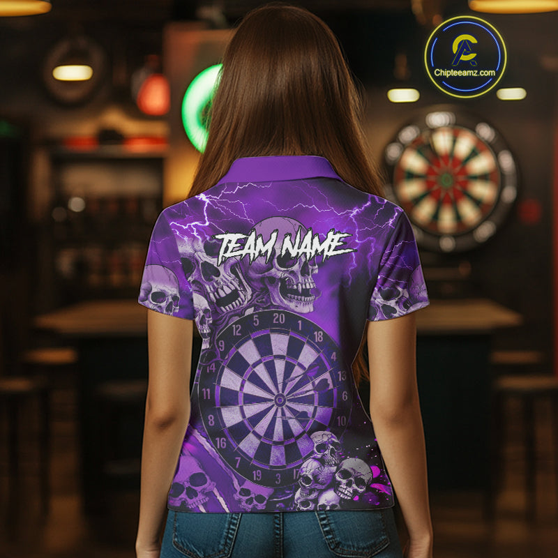 Purple Funny Skull Lightning Darts Shirt For Women Custom Darts Team Jersey Polo & Quarter Zip TDM4979
