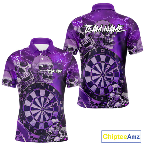 Purple Funny Skull Lightning Darts Shirt For Men Custom Darts Team Jersey Polo & Quarter Zip TDM4979