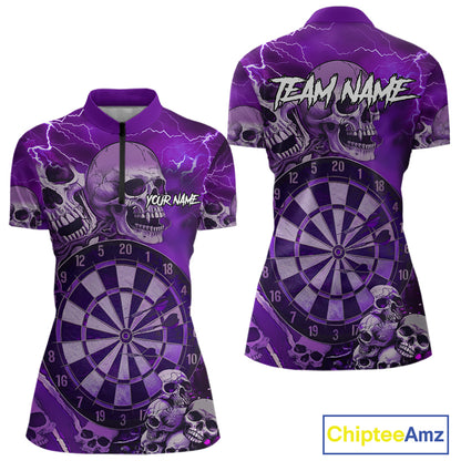 Purple Funny Skull Lightning Darts Shirt For Women Custom Darts Team Jersey Polo & Quarter Zip TDM4979