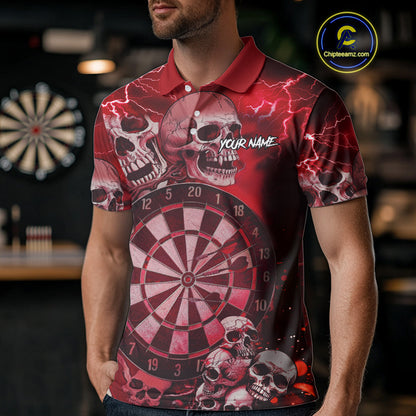 Red Funny Skull Lightning Darts Shirt For Men Custom Darts Team Jersey Polo & Quarter Zip TDM4981