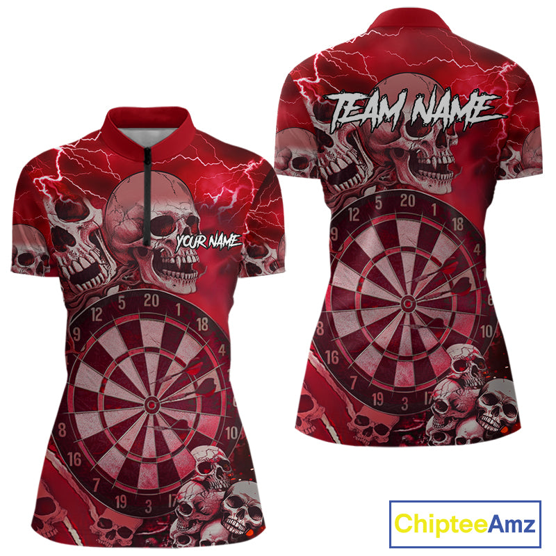 Red Funny Skull Lightning Darts Shirt For Women Custom Darts Team Jersey Polo & Quarter Zip TDM4981