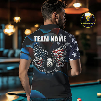 Personalized American Flag 8 Ball Wings Billiard Shirts For Men Custom Patriotic Pool Team Jersey TDM7825