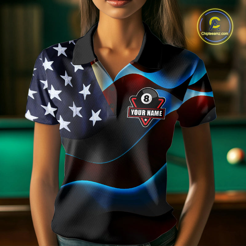 Personalized American Flag 8 Ball Wings Billiard Shirts For Women Custom Patriotic Pool Team Jersey TDM7825