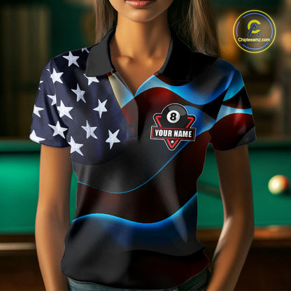 Personalized American Flag 8 Ball Wings Billiard Shirts For Women Custom Patriotic Pool Team Jersey TDM7825