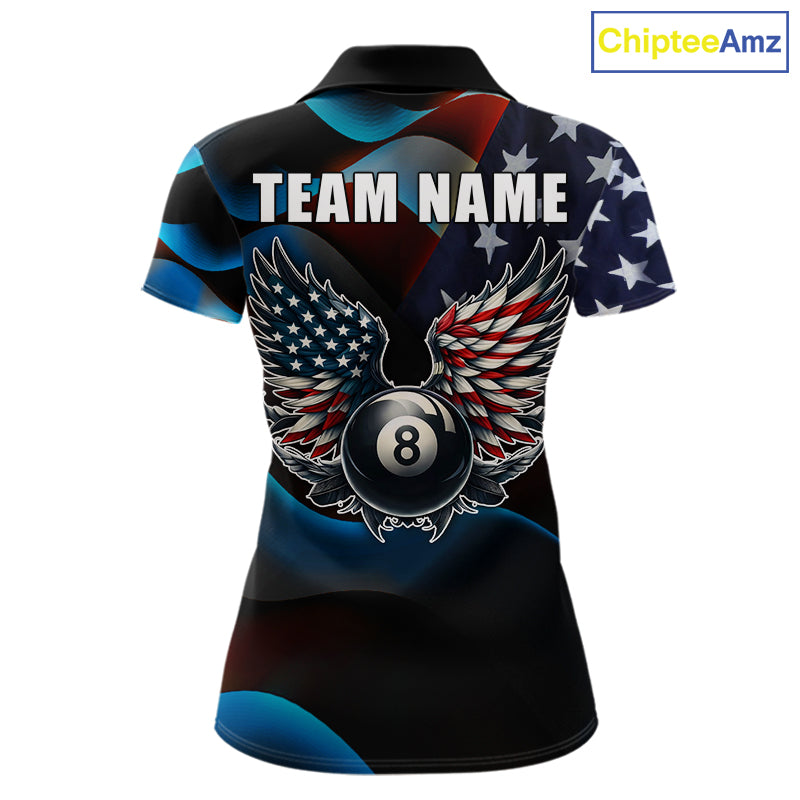 Personalized American Flag 8 Ball Wings Billiard Shirts For Women Custom Patriotic Pool Team Jersey TDM7825