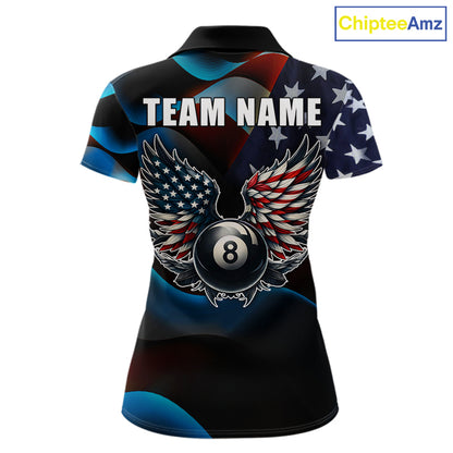 Personalized American Flag 8 Ball Wings Billiard Shirts For Women Custom Patriotic Pool Team Jersey TDM7825