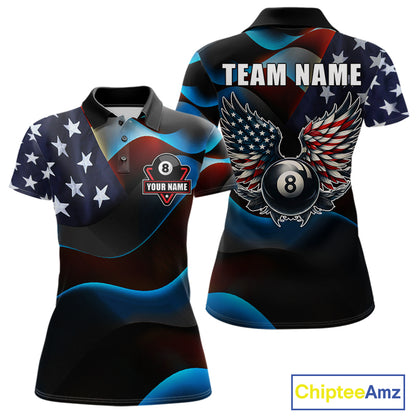 Personalized American Flag 8 Ball Wings Billiard Shirts For Women Custom Patriotic Pool Team Jersey TDM7825