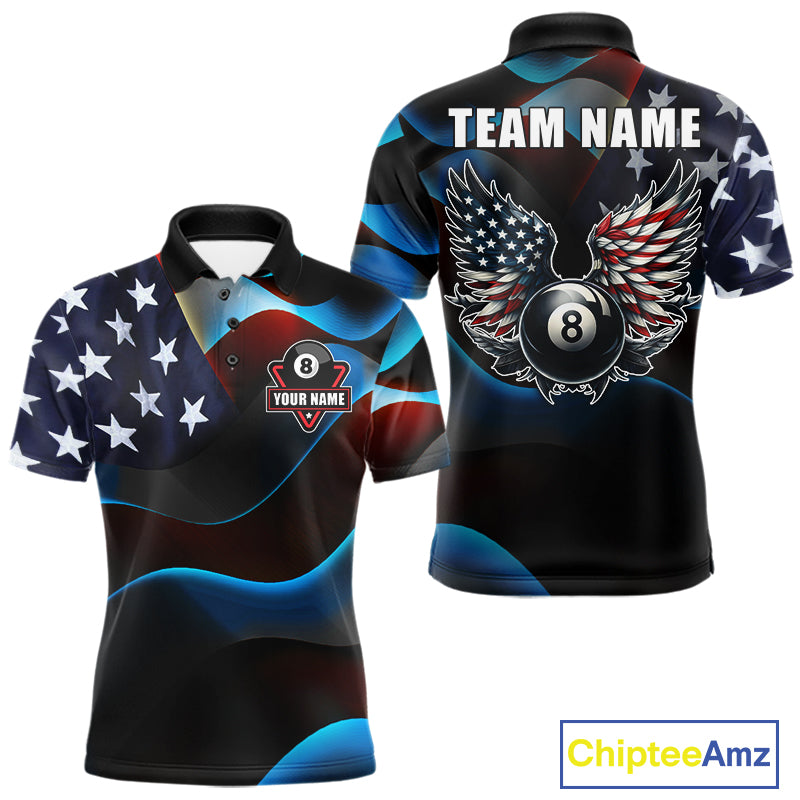 Personalized American Flag 8 Ball Wings Billiard Shirts For Men Custom Patriotic Pool Team Jersey TDM7825