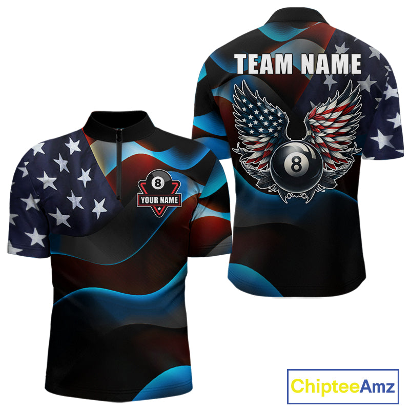 Personalized American Flag 8 Ball Wings Billiard Shirts For Men Custom Patriotic Pool Team Jersey TDM7825