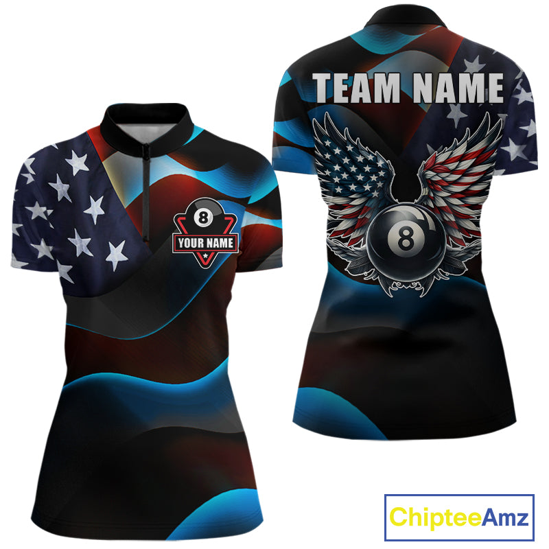 Personalized American Flag 8 Ball Wings Billiard Shirts For Women Custom Patriotic Pool Team Jersey TDM7825