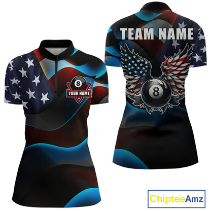 Personalized American Flag 8 Ball Wings Billiard Shirts For Women Custom Patriotic Pool Team Jersey TDM7825