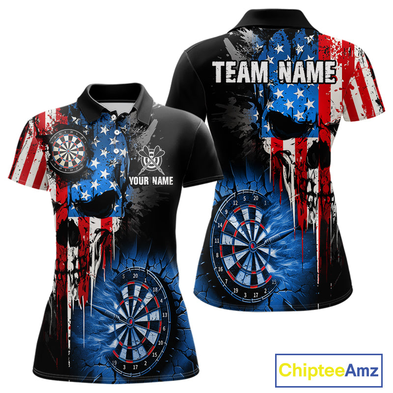 Patriotic American Flag Grunge Skull Womens Dart Shirts Custom Dart Jerseys Team Polo & 1/4 Zip TDM5171