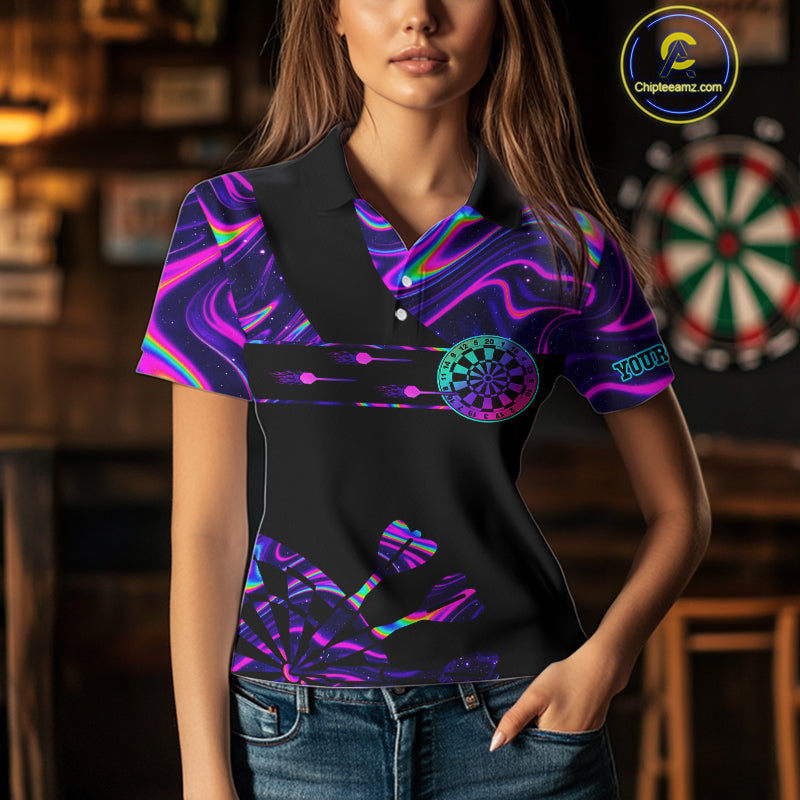 Neon Purple Holographic Womens Dart Shirts Custom Glowing Dart Jersey Team Polo & Quarter Zip TDM5172