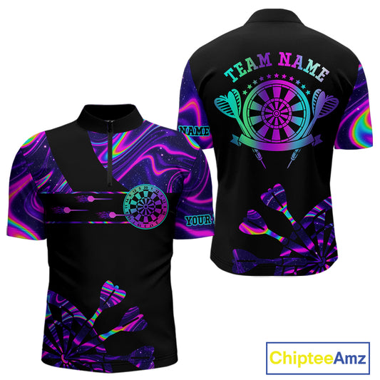 Neon Purple Holographic Mens Dart Shirts Custom Glowing Dart Jersey Team Polo & Quarter Zip TDM5172