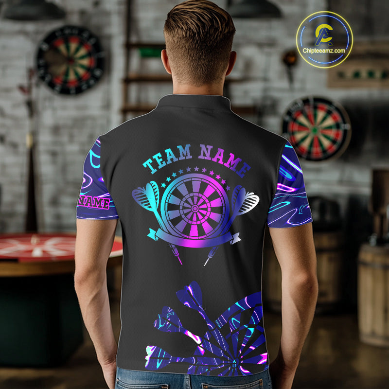 Neon Purple Blue Holographic Mens Dart Shirts Custom Glowing Dart Jersey Team Polo & Quarter Zip TDM5173