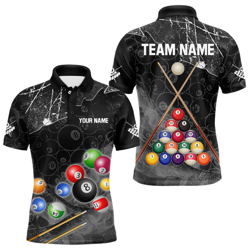 Personalized 8 Ball Pattern Smoke Men Billiard Shirts Custom 3D Billiard Balls Pool Jerseys | Black TDM3190