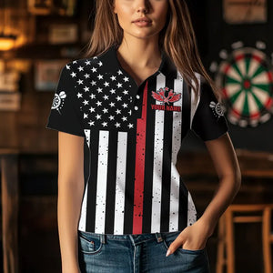 Personalized American Flag Grunge Skull Dart Shirts For Women Custom Patriotic Darts Jerseys | Red TDM3400