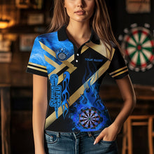 Load image into Gallery viewer, Personalized Gold And Blue Dartboard Fire Flame Custom Darts Shirts For Women, Darts Team Jerseys TDM3401