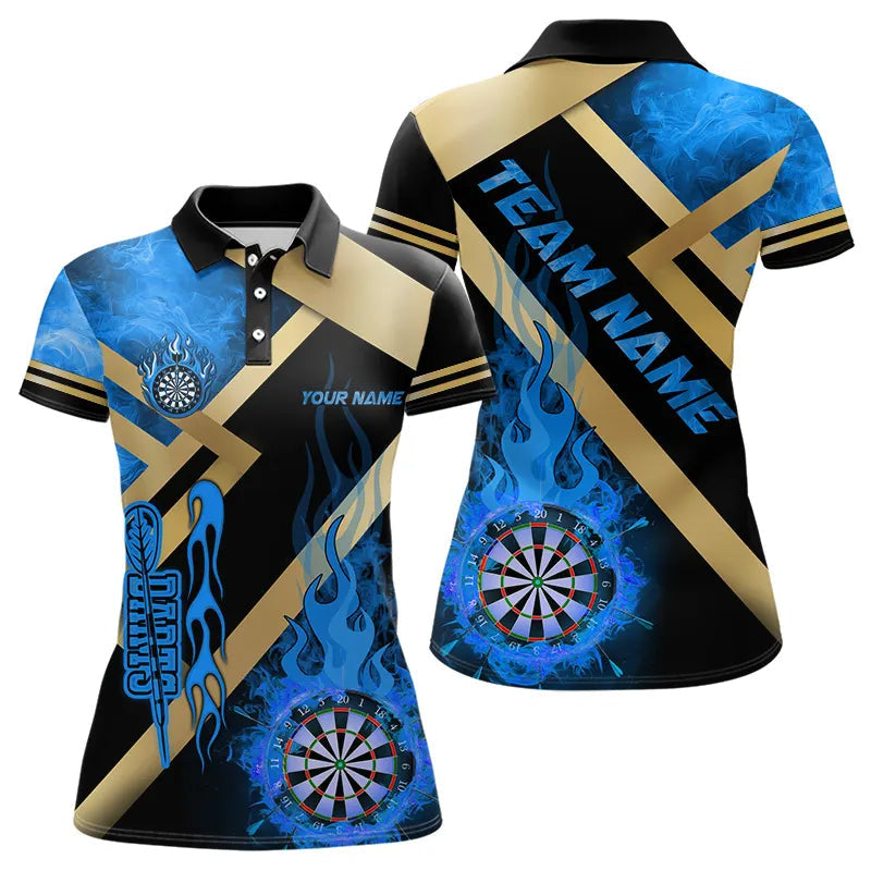 Personalized Gold And Blue Dartboard Fire Flame Custom Darts Shirts For Women, Darts Team Jerseys TDM3401