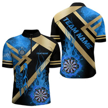 Load image into Gallery viewer, Personalized Gold And Blue Dartboard Fire Flame Custom Darts Shirts For Men, Darts Team Jerseys TDM3401
