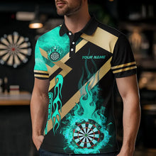 Load image into Gallery viewer, Personalized Gold And Turquoise Dartboard Fire Flame Custom Dart Shirts For Men, Darts Team Jerseys TDM3402