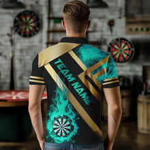 Load image into Gallery viewer, Personalized Gold And Turquoise Dartboard Fire Flame Custom Dart Shirts For Men, Darts Team Jerseys TDM3402