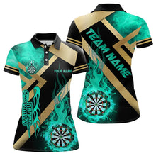 Load image into Gallery viewer, Personalized Gold And Turquoise Dartboard Fire Flame Custom Dart Shirts For Women, Darts Team Jerseys TDM3402