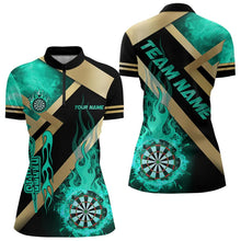 Load image into Gallery viewer, Personalized Gold And Turquoise Dartboard Fire Flame Custom Dart Shirts For Women, Darts Team Jerseys TDM3402