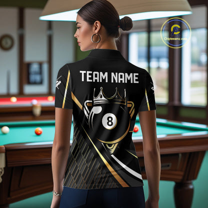 Personalized Golden 8 Ball Pool Crown Billiard Shirt For Women, Billiard Team Jersey Polo & 1/4 Zip TDM5904