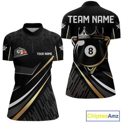 Personalized Golden 8 Ball Pool Crown Billiard Shirt For Women, Billiard Team Jersey Polo & 1/4 Zip TDM5904