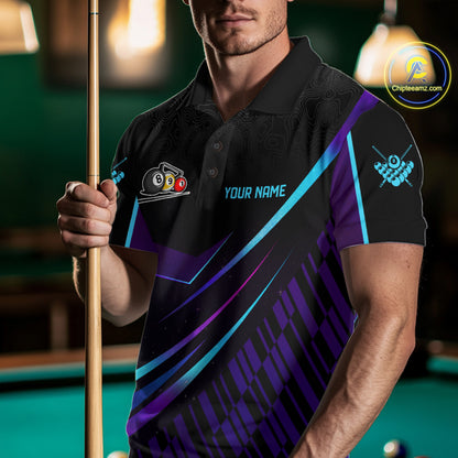 Custom Purple And Turquoise 8 Ball Crown Billiard Shirt For Men, Pool Team Jersey Polo & 1/4 Zip TDM5905