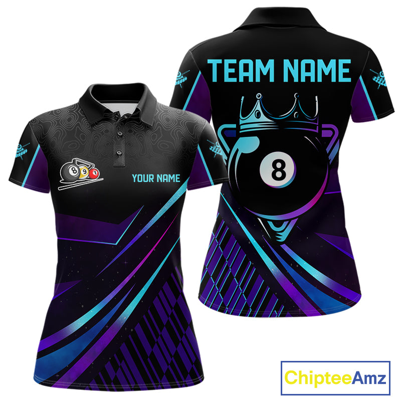 Custom Purple And Turquoise 8 Ball Crown Billiard Shirt For Women, Pool Team Jersey Polo & 1/4 Zip TDM5905