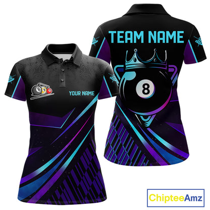 Custom Purple And Turquoise 8 Ball Crown Billiard Shirt For Women, Pool Team Jersey Polo & 1/4 Zip TDM5905