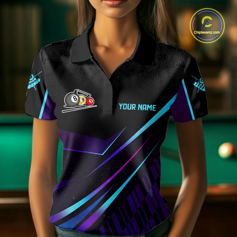 Custom Purple And Turquoise 8 Ball Crown Billiard Shirt For Women, Pool Team Jersey Polo & 1/4 Zip TDM5905