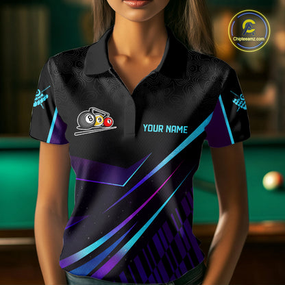 Custom Purple And Turquoise 8 Ball Crown Billiard Shirt For Women, Pool Team Jersey Polo & 1/4 Zip TDM5905