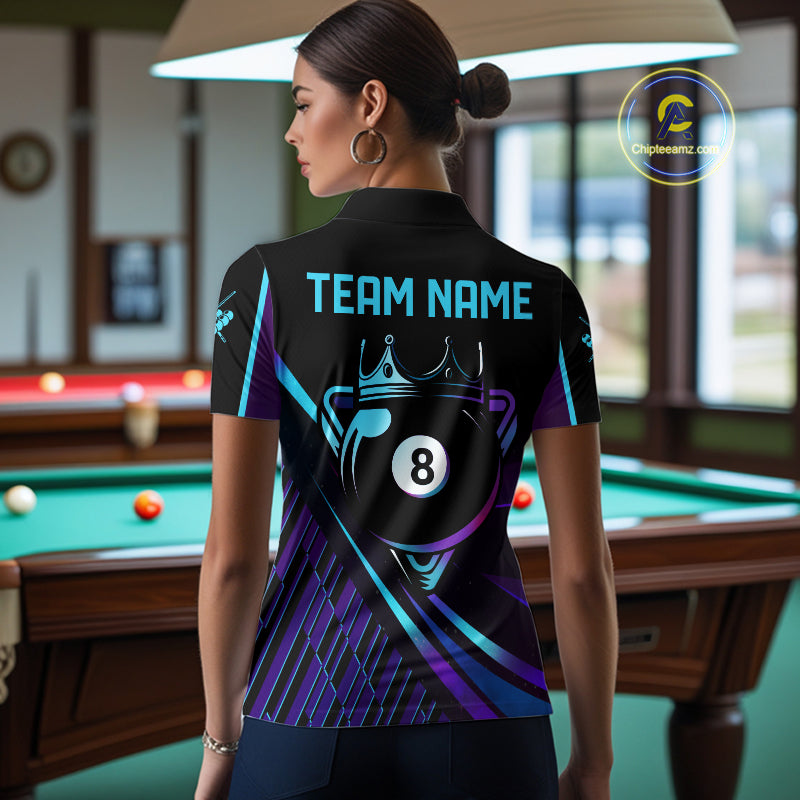 Custom Purple And Turquoise 8 Ball Crown Billiard Shirt For Women, Pool Team Jersey Polo & 1/4 Zip TDM5905