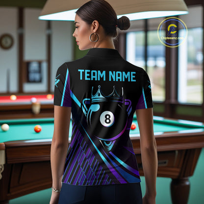 Custom Purple And Turquoise 8 Ball Crown Billiard Shirt For Women, Pool Team Jersey Polo & 1/4 Zip TDM5905