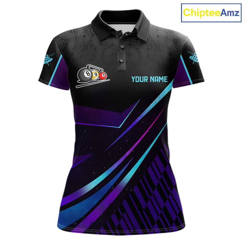 Custom Purple And Turquoise 8 Ball Crown Billiard Shirt For Women, Pool Team Jersey Polo & 1/4 Zip TDM5905