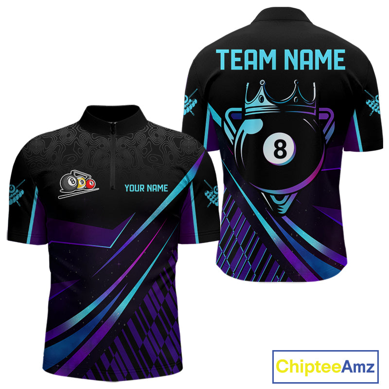 Custom Purple And Turquoise 8 Ball Crown Billiard Shirt For Men, Pool Team Jersey Polo & 1/4 Zip TDM5905