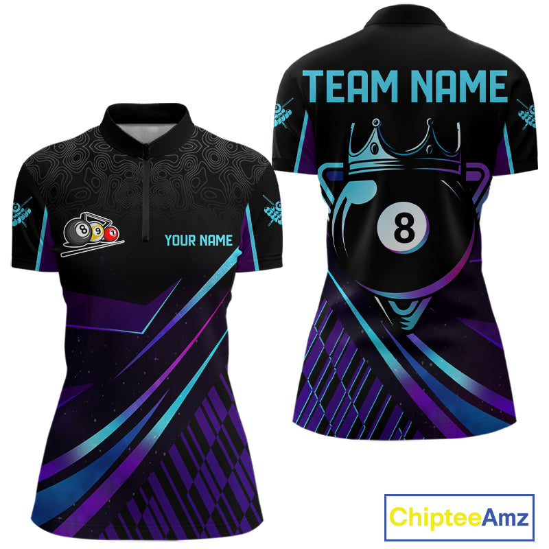 Custom Purple And Turquoise 8 Ball Crown Billiard Shirt For Women, Pool Team Jersey Polo & 1/4 Zip TDM5905