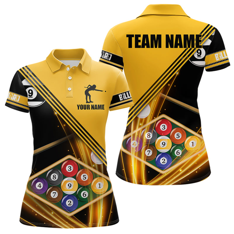 Personalized Yellow Black 9 Ball Pool Billiard Shirt For Women, Billiard Team Jersey Polo & 1/4 Zip TDM5906