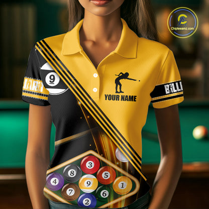Personalized Yellow Black 9 Ball Pool Billiard Shirt For Women, Billiard Team Jersey Polo & 1/4 Zip TDM5906