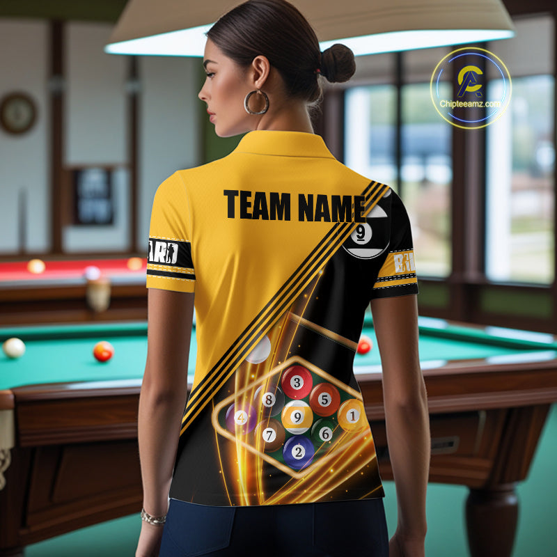 Personalized Yellow Black 9 Ball Pool Billiard Shirt For Women, Billiard Team Jersey Polo & 1/4 Zip TDM5906