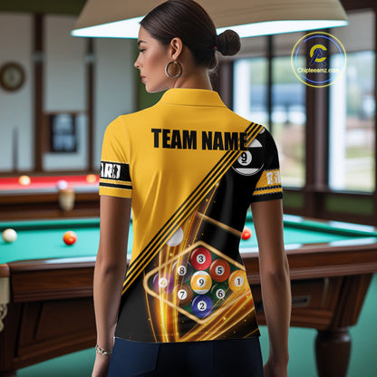 Personalized Yellow Black 9 Ball Pool Billiard Shirt For Women, Billiard Team Jersey Polo & 1/4 Zip TDM5906