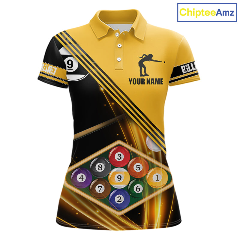 Personalized Yellow Black 9 Ball Pool Billiard Shirt For Women, Billiard Team Jersey Polo & 1/4 Zip TDM5906