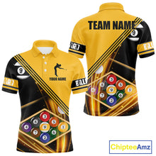 Load image into Gallery viewer, Personalized Yellow Black 9 Ball Pool Billiard Shirt For Men, Billiard Team Jersey Polo &amp; 1/4 Zip TDM5906