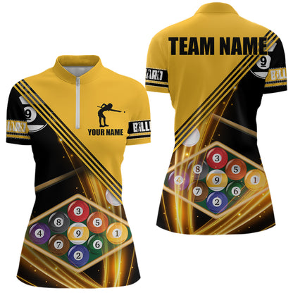 Personalized Yellow Black 9 Ball Pool Billiard Shirt For Women, Billiard Team Jersey Polo & 1/4 Zip TDM5906
