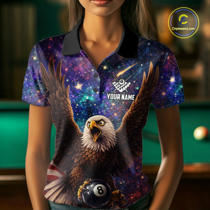 Funny Eagle Galaxy Billiard Shirt For Women Custom 8 Ball Pool Team Jersey Polo &1/4 Zip TDM6044